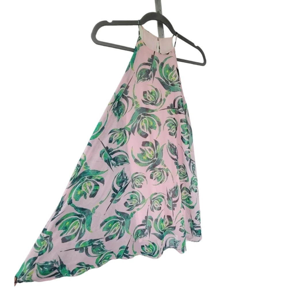Everly‎ Halter Swing Mini Dress XS Pink Green Tropical Vacation Resort Coastal